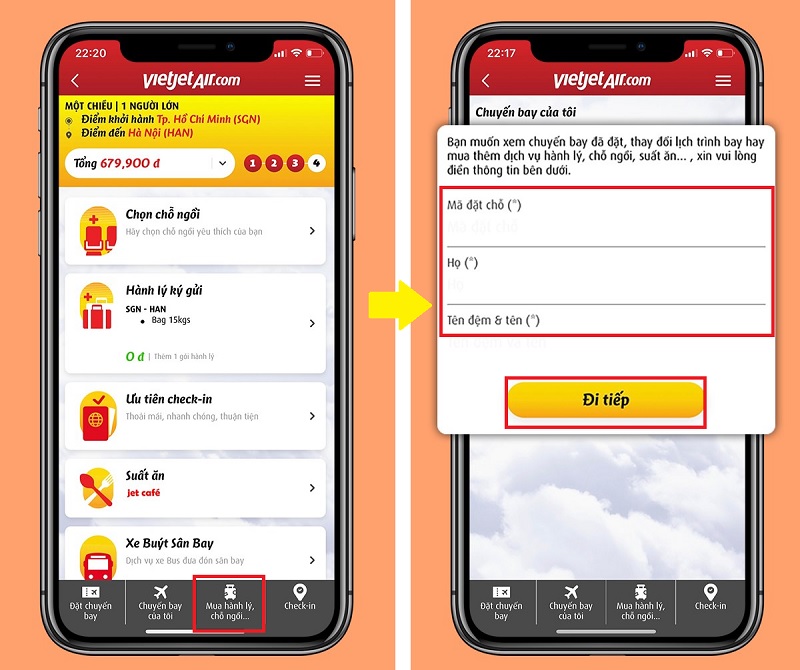 Cách mua thêm hành lý ký gửi hãng Vietjet qua ứng dụng Vietjet Air.