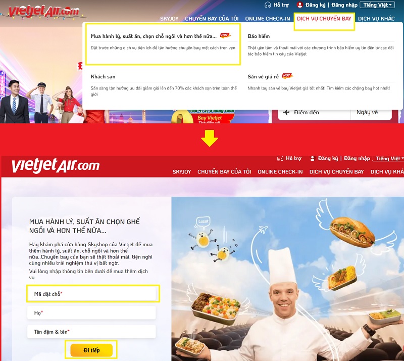 Cách mua thêm hành lý ký gửi Vietjet qua website.